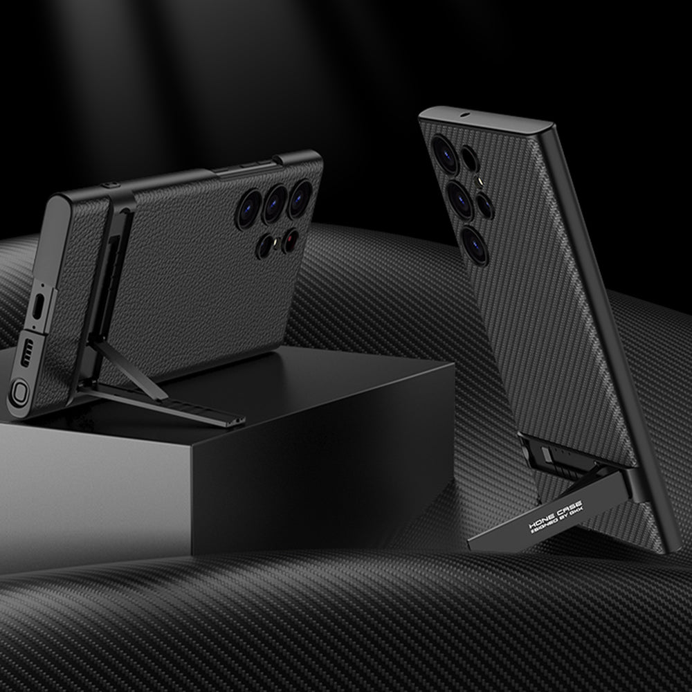 GKK Shockproof Phone Cover for Samsung Galaxy S23 Ultra Carbon Fiber Texture Anti-Drop TPU Phone Case with Kickstand GKK Shockproof Phone Cover for Samsung Galaxy S23 Ultra Carbon Fiber Texture Anti-Drop TPU Phone Case with Kickstand